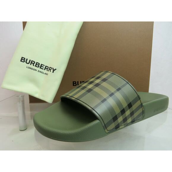 NIB BURBERRY FURLEY GREEN RUBBER CHECK LETTERING LOGO SANDAL SLIDES EUR 41 US 8 - Picture 3 of 9